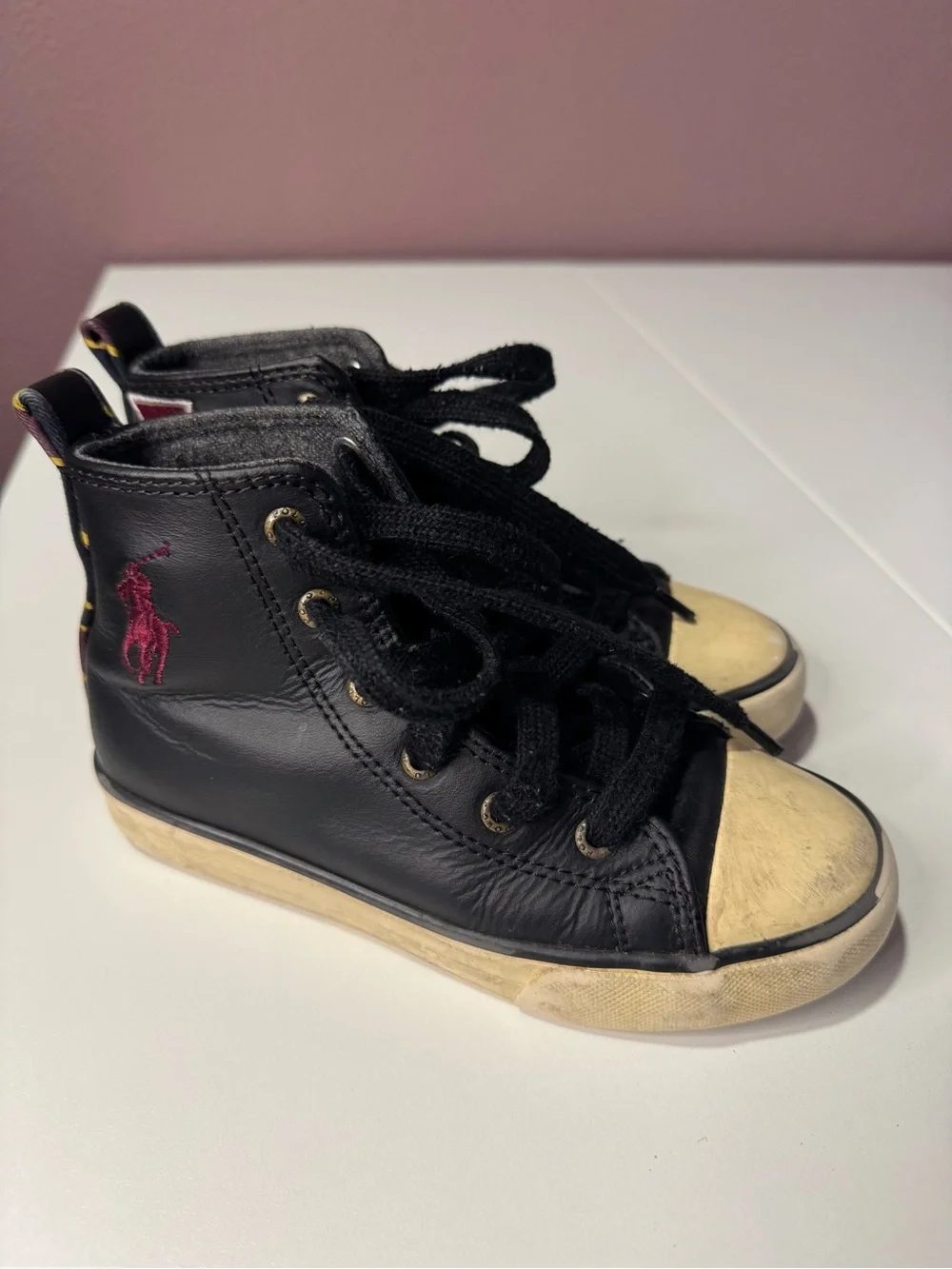 Polo by Ralph Lauren Black Leather Kids High-Top Boots with Cream Toe Caps